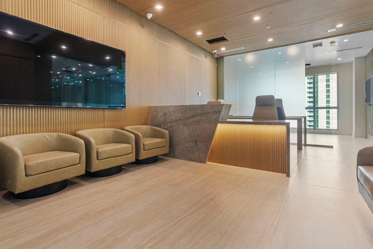 Designer reception and patient waiting area of the Latitude One medical, surgical and aesthetic facility in Brickell
